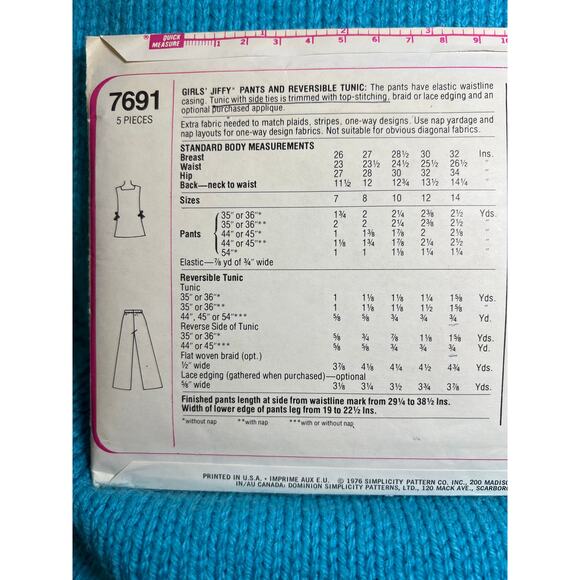 Simplicity 7691 pattern girls pants reversible tunic size 14 - Picture 4 of 5
